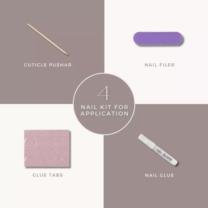 The image is a collage of four photos showing different nail care tools and products, including a cuticle pusher, nail file, glue tabs, and nail glue.